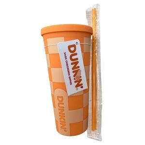 Dunkin Donuts Tumbler/Cup Limited Edition 24oz Orange Checkered Sipper NWT RARE